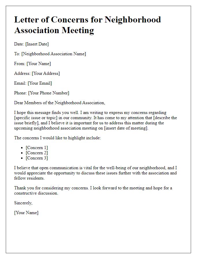 Letter template of community concerns for neighborhood association meeting