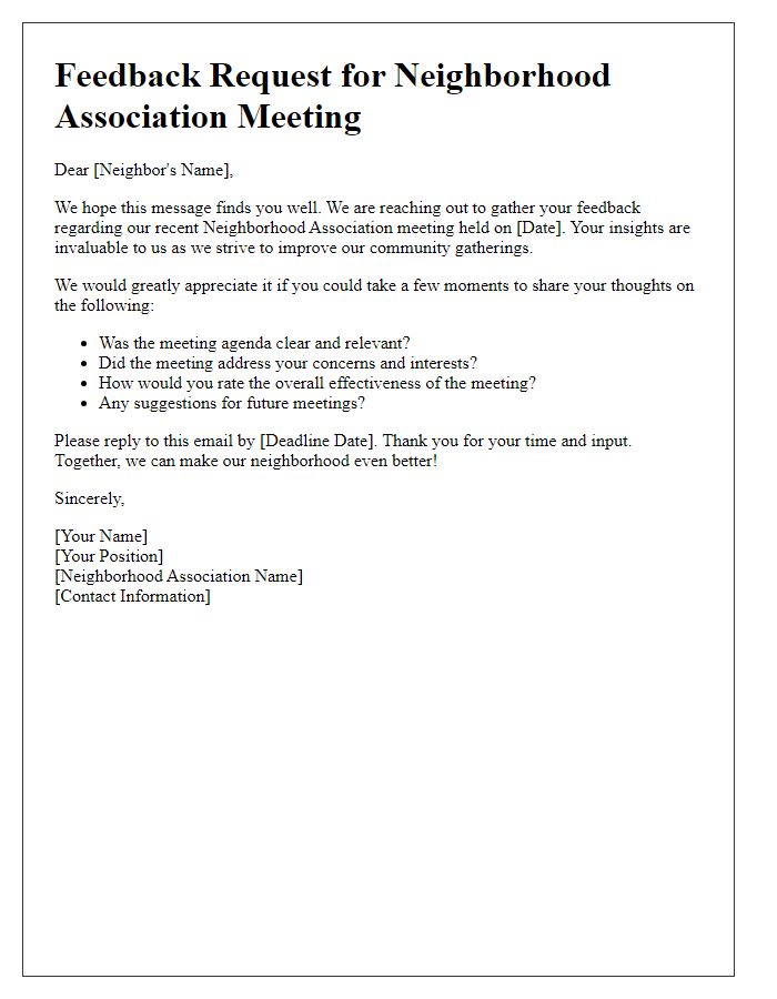 Letter template of feedback request for neighborhood association meeting