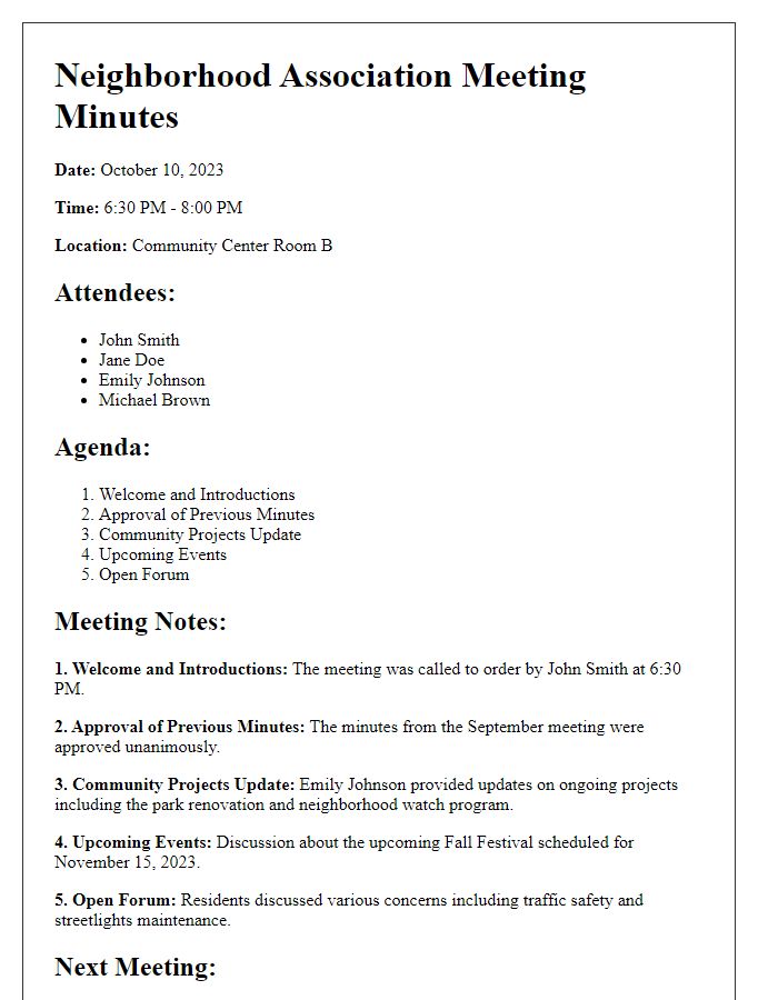 Letter template of minutes from neighborhood association meeting