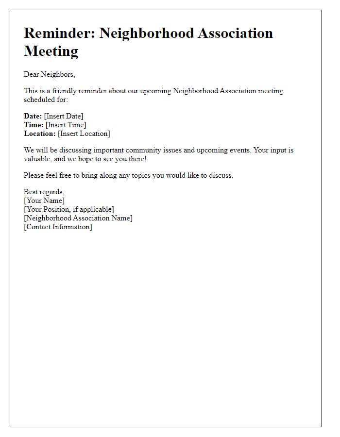 Letter template of reminder for neighborhood association meeting