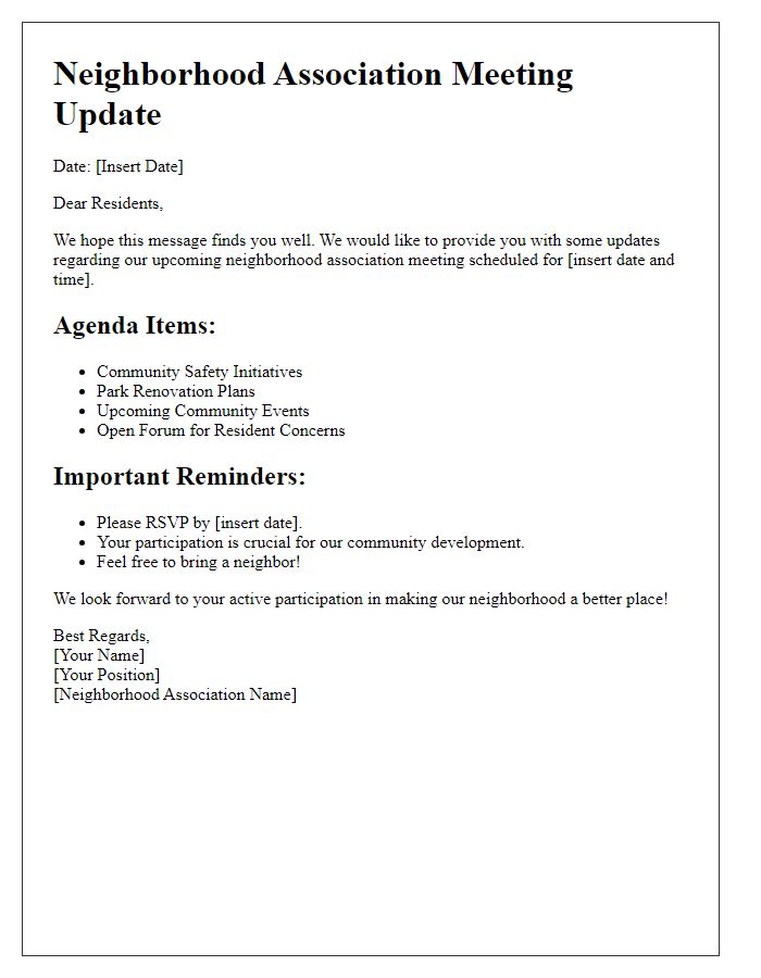 Letter template of updates for neighborhood association meeting