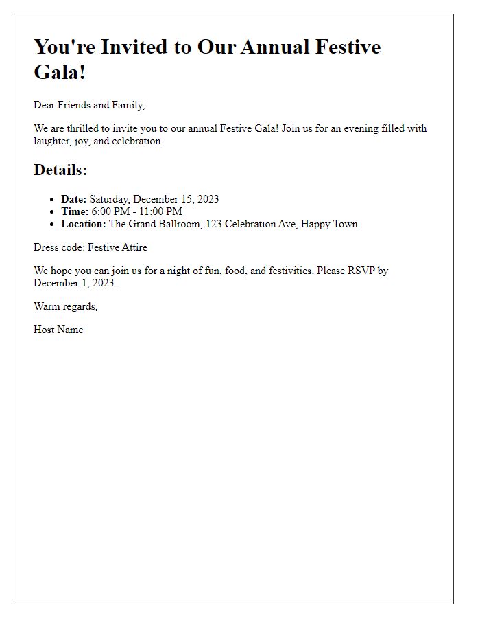 Letter template of festive gala invitation for friends and family