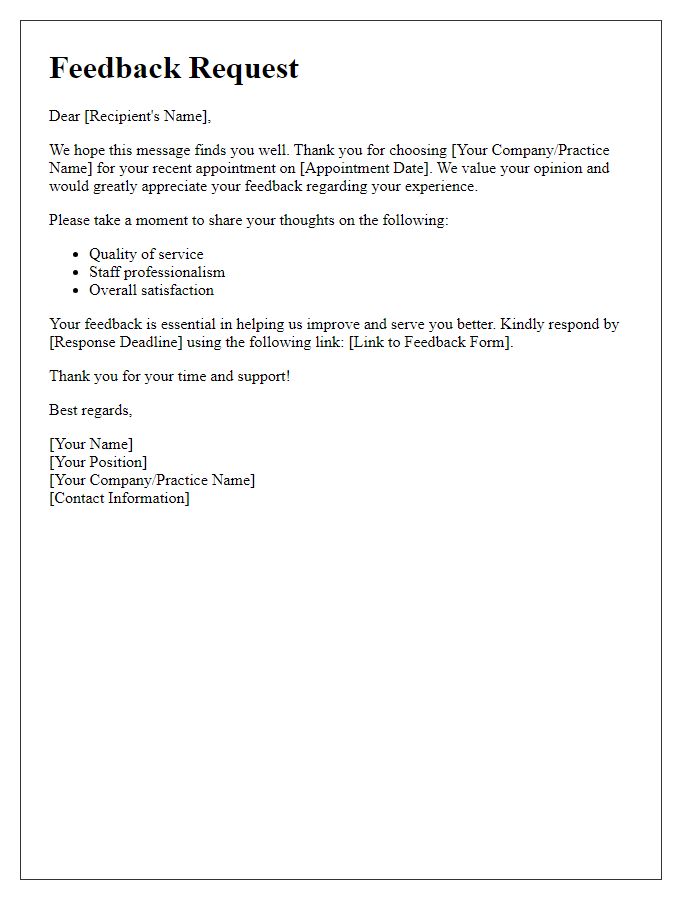 Letter template of feedback request after recent appointment.