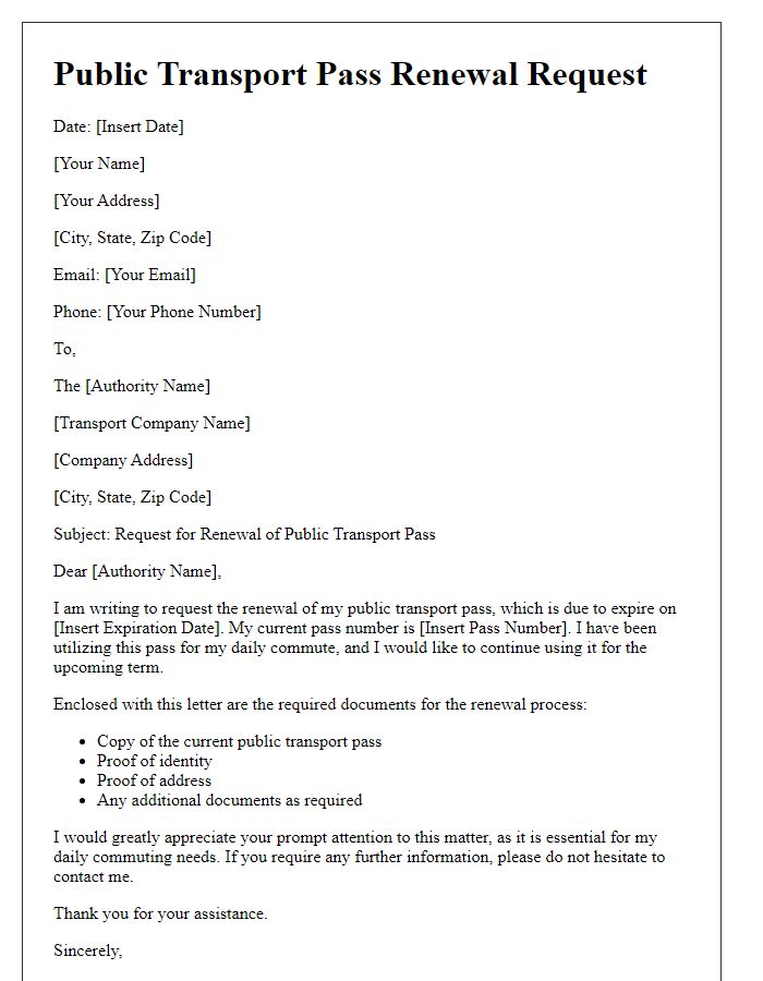 Letter template of documentation for public transport pass renewal