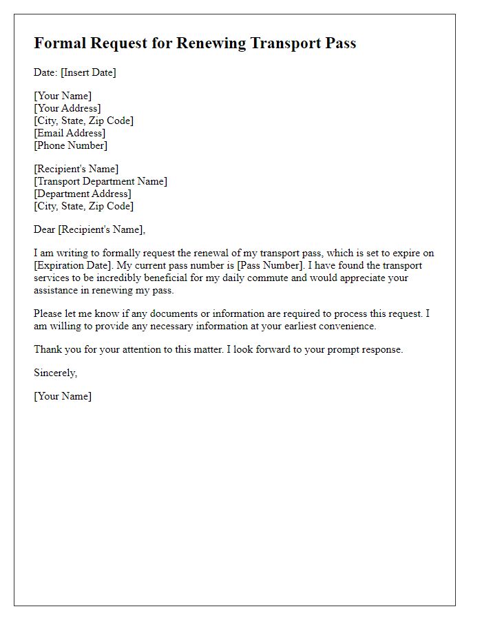 Letter template of formal request for renewing transport pass