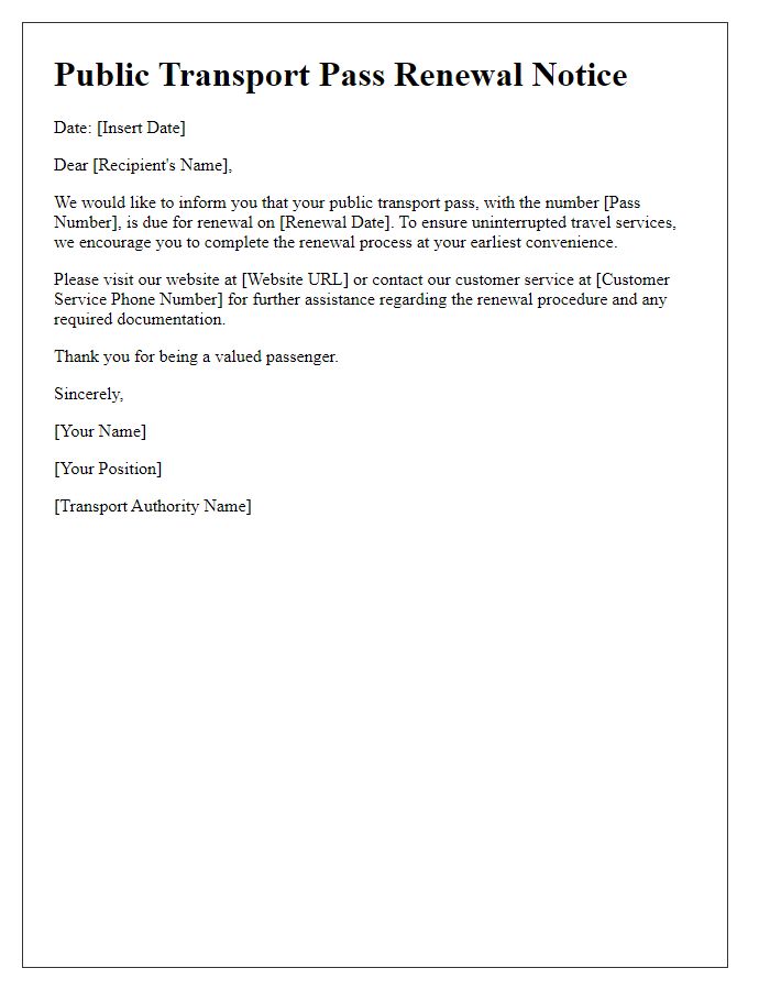 Letter template of renewal notice for public transport pass