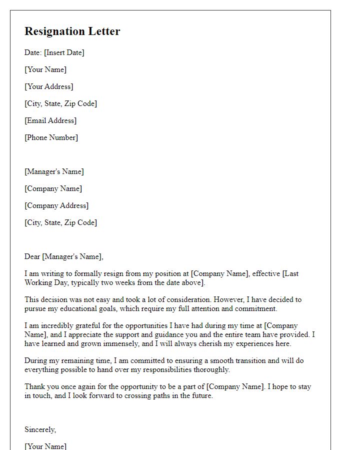 Letter template of resignation due to educational pursuits