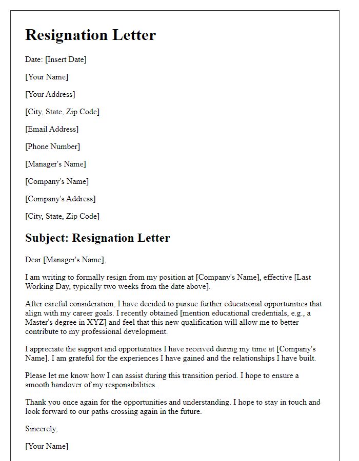 Letter template of resignation in light of new educational credentials