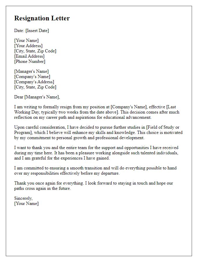 Letter template of resignation inspired by educational advancement