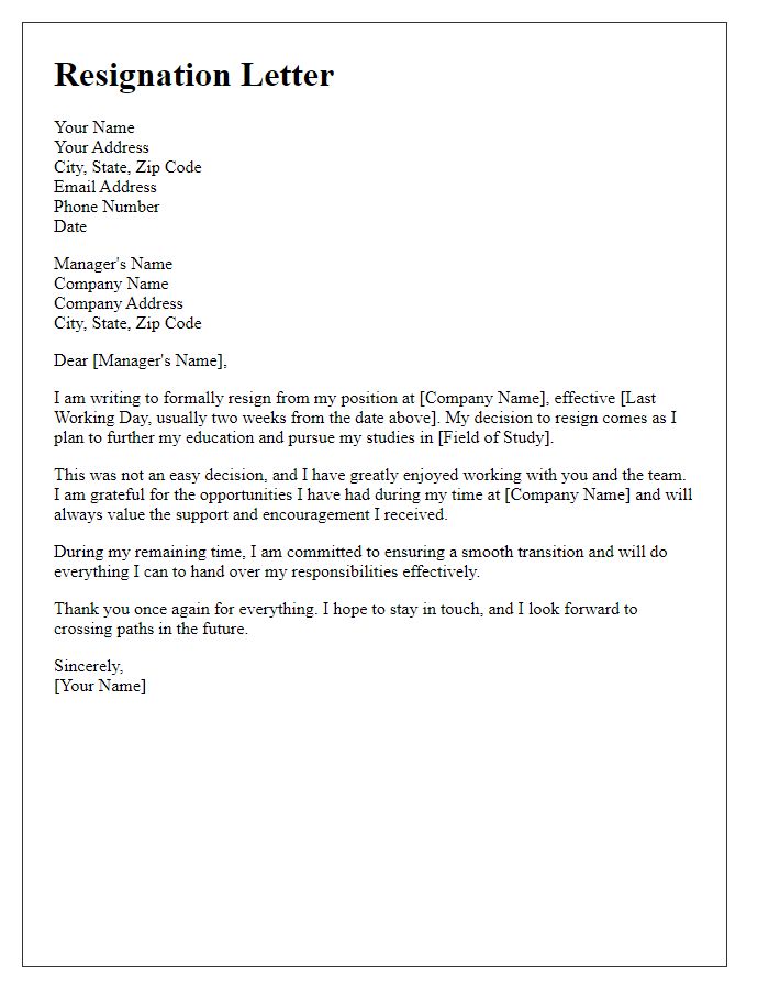 Letter template of resignation resulting from further studies