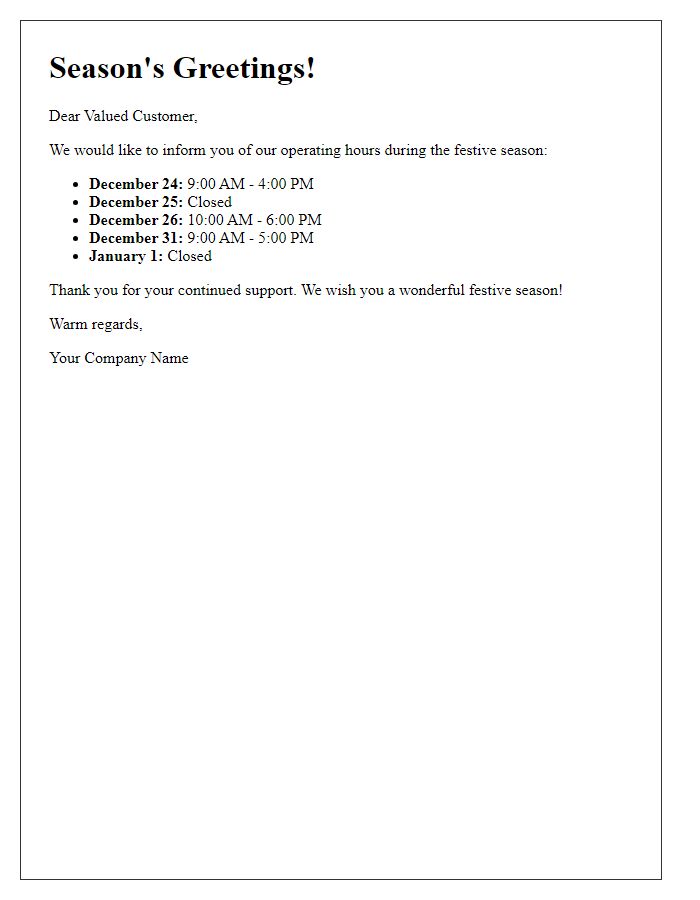 Letter template of festive season operating hours