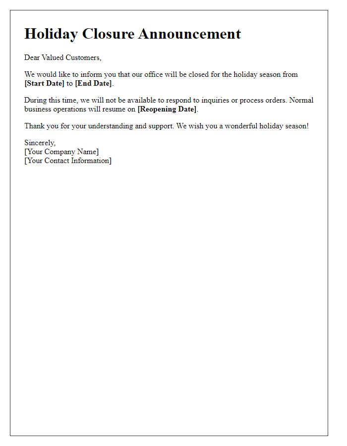 Letter template of holiday closure announcement