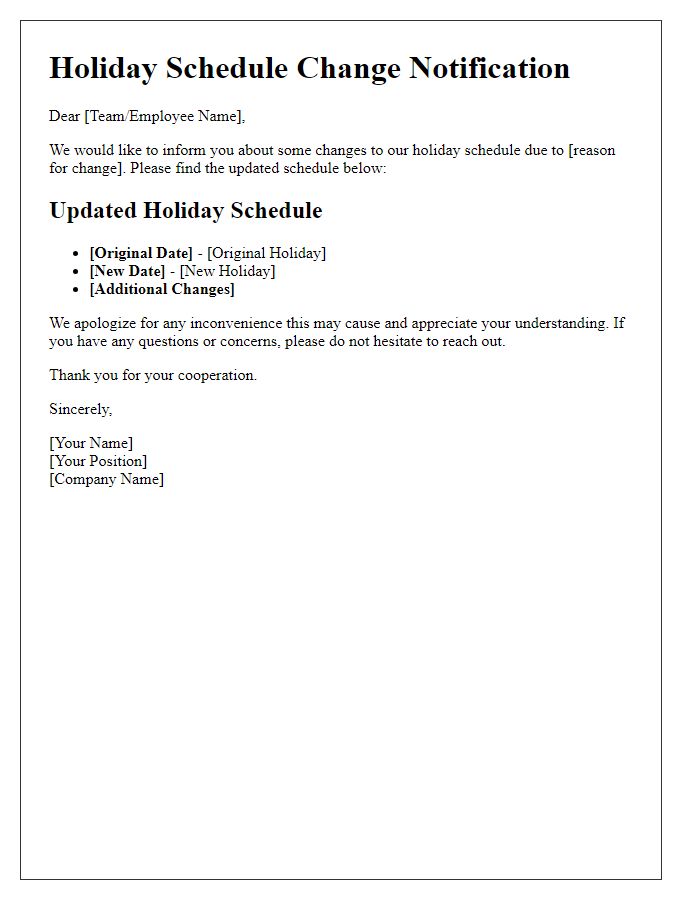 Letter template of holiday schedule changes