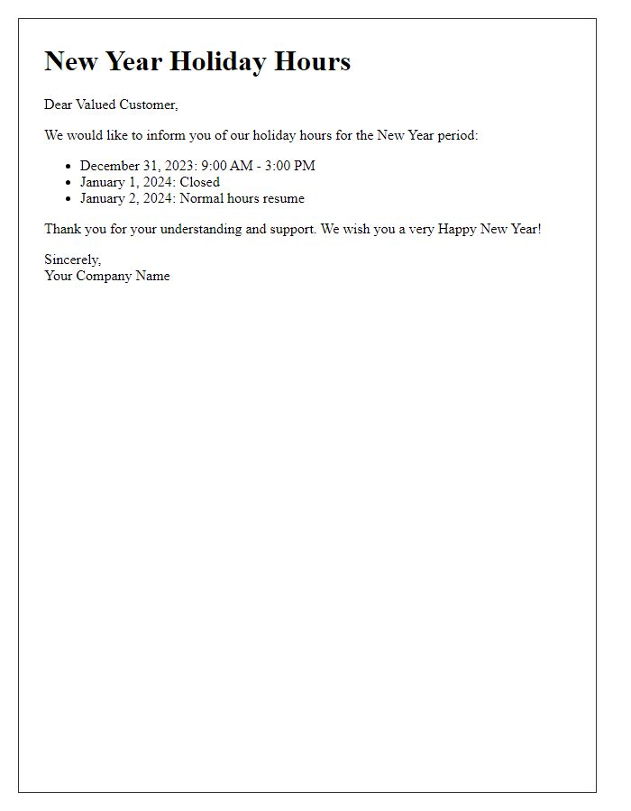 Letter template of New Year holiday hours