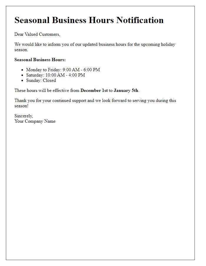 Letter template of seasonal business hours notification