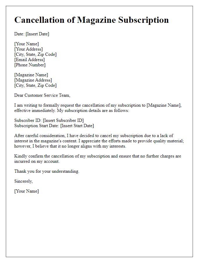 Letter template of magazine subscription cancellation due to lack of interest