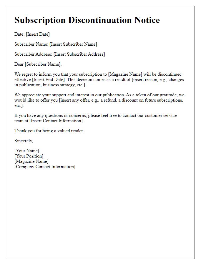 Letter template of magazine subscription discontinuation