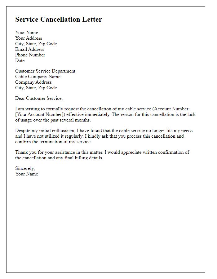 Letter template of cable service cancellation because of lack of usage.