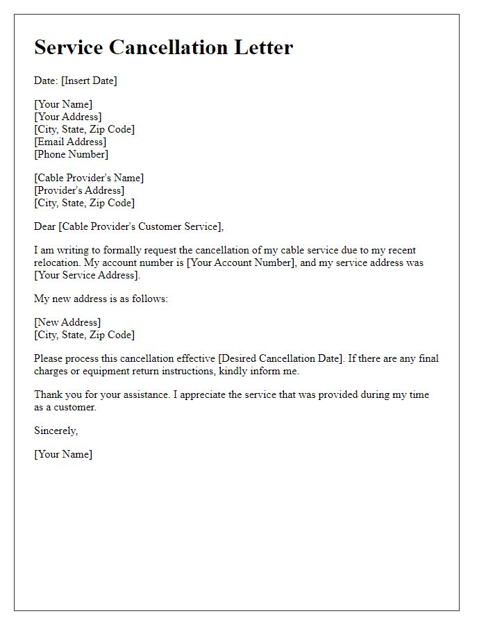 Letter template of cable service cancellation due to relocation.