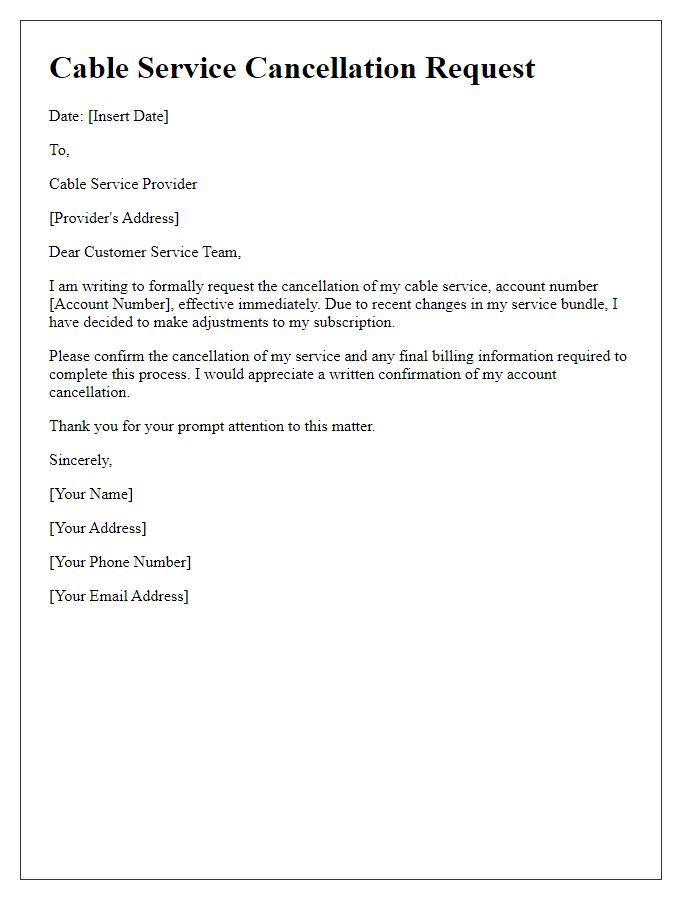 Letter template of cable service cancellation for service bundle adjustments.