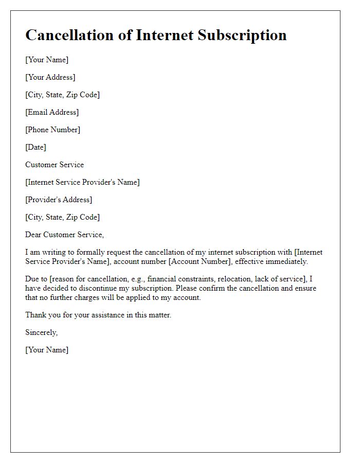 Letter template of cancellation of internet subscription