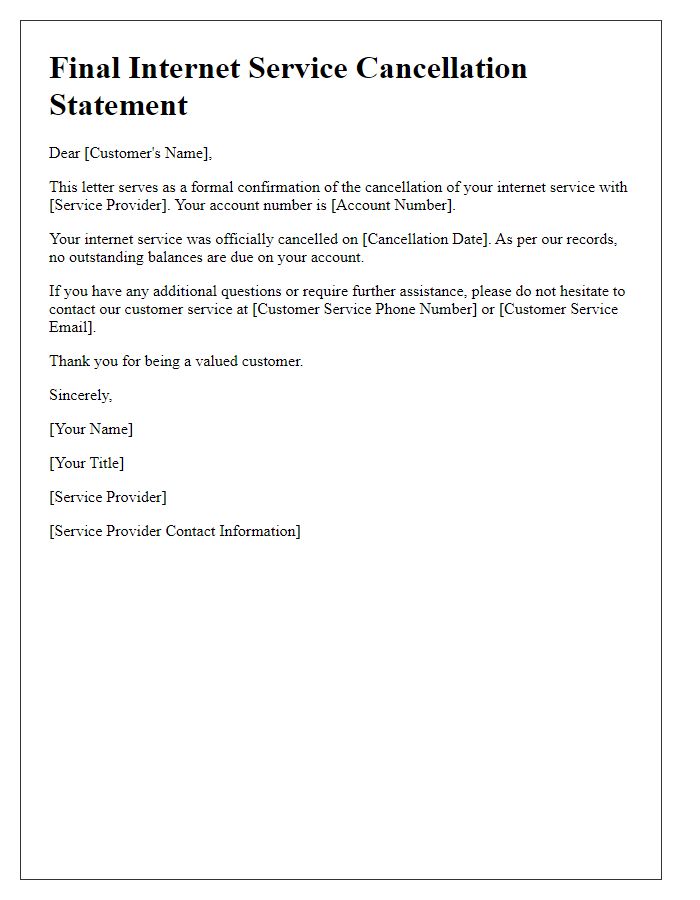 Letter template of final internet service cancellation statement