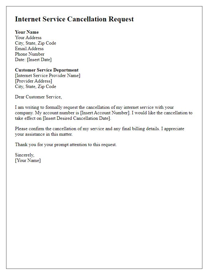 Letter template of formal internet service cancellation