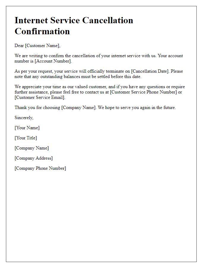 Letter template of internet service cancellation confirmation