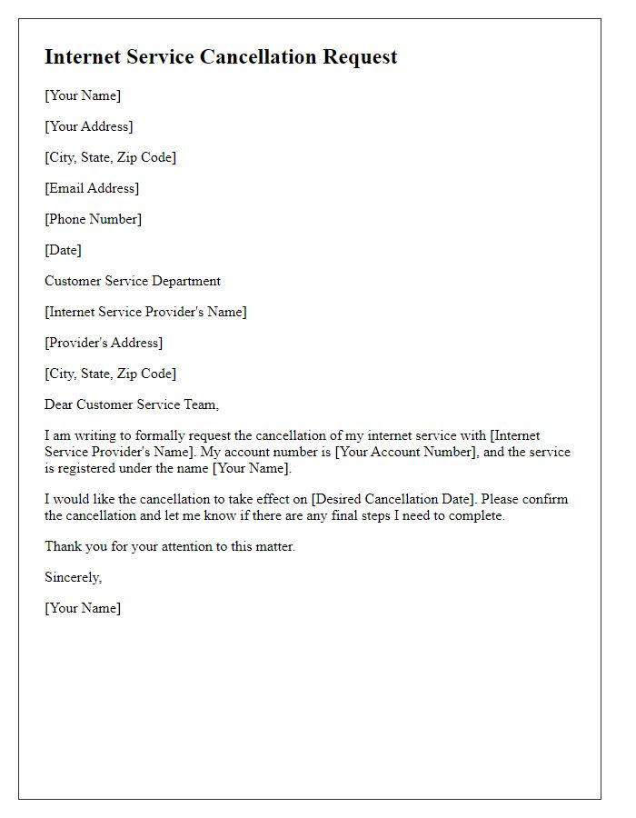 Letter template of internet service cancellation request