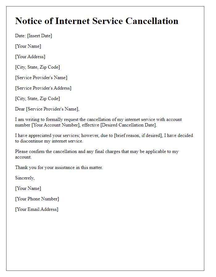 Letter template of notice for internet service cancellation