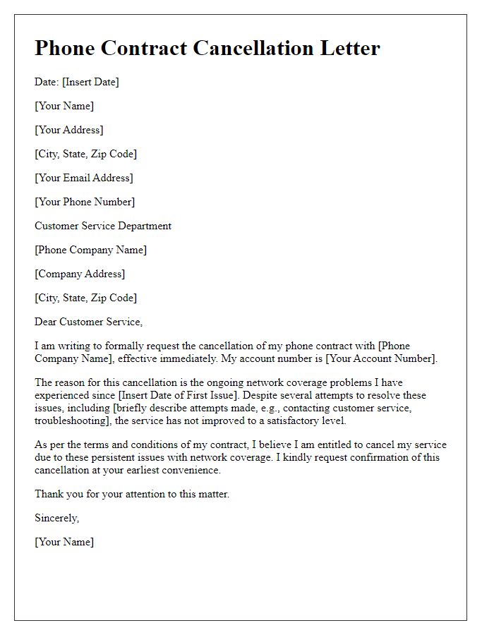 Letter template of phone contract cancellation as a result of network coverage problems.