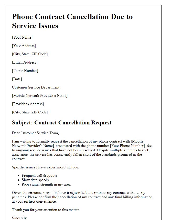 Letter template of phone contract cancellation due to service issues.