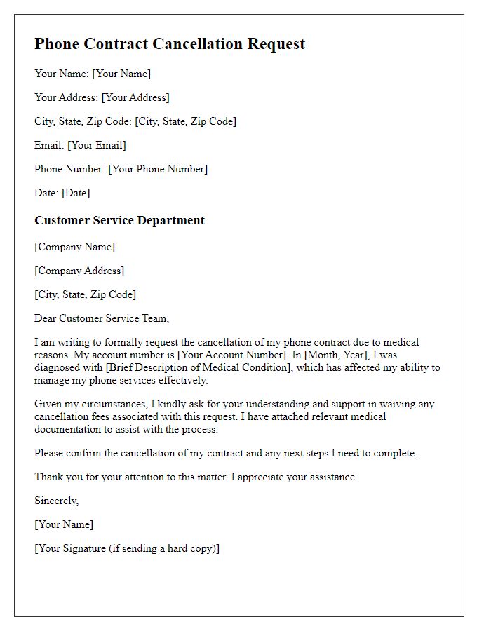 Letter template of phone contract cancellation for medical reasons.