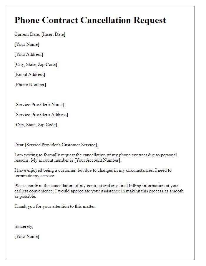 Letter template of phone contract cancellation for personal reasons.