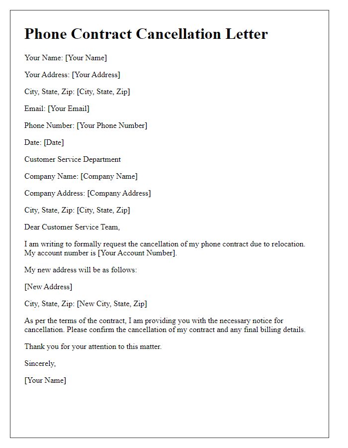 Letter template of phone contract cancellation for relocation purposes.