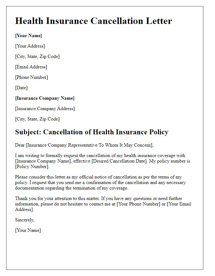 Letter template of cancellation for health insurance coverage.