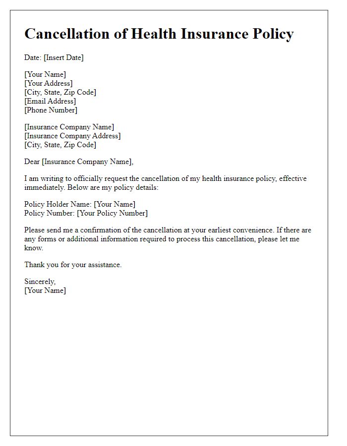 Letter template of health insurance service cancellation.