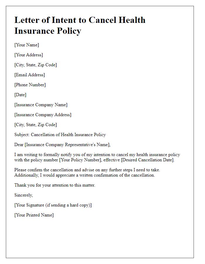 Letter template of intention to cancel health insurance policy.