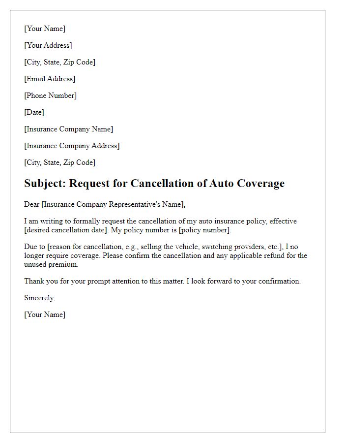 Letter template of auto coverage cancellation request