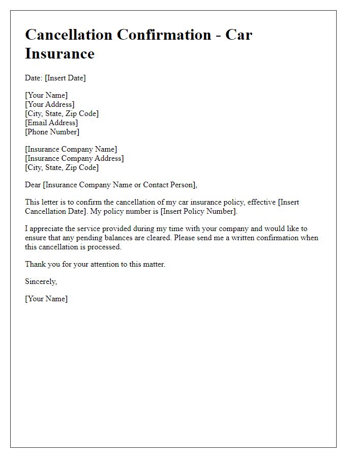 Letter template of cancellation confirmation for car insurance