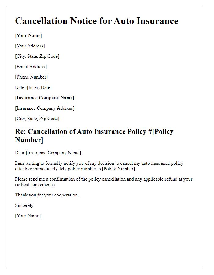 Letter template of cancellation notice for auto insurance