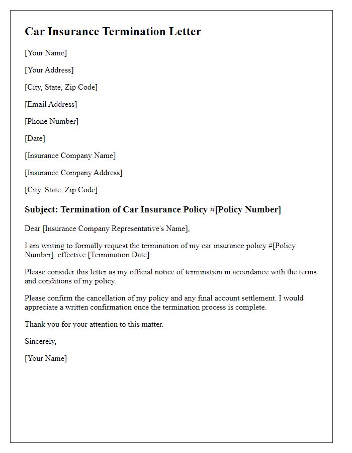 Letter template of car insurance termination letter