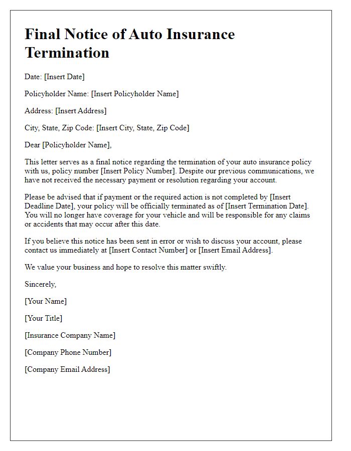 Letter template of final notice for auto insurance termination