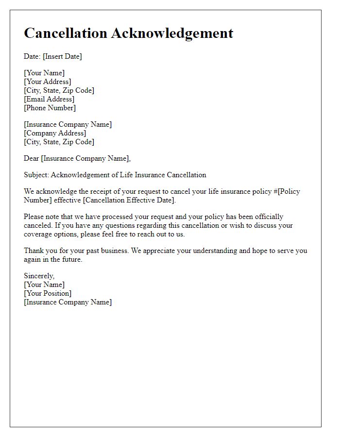 Letter template of cancellation acknowledgement for life insurance