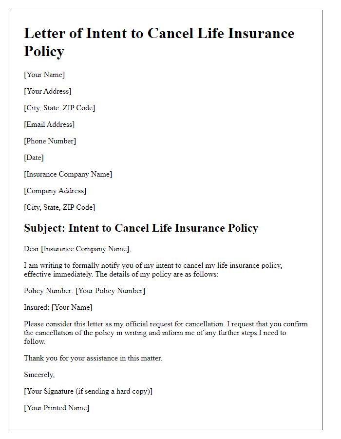 Letter template of intent to cancel life insurance policy