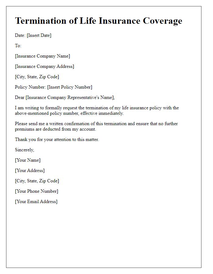 Letter template of termination of life insurance coverage