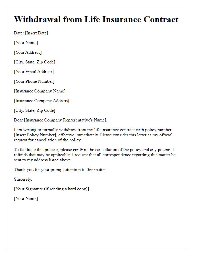 Letter template of withdrawal from life insurance contract