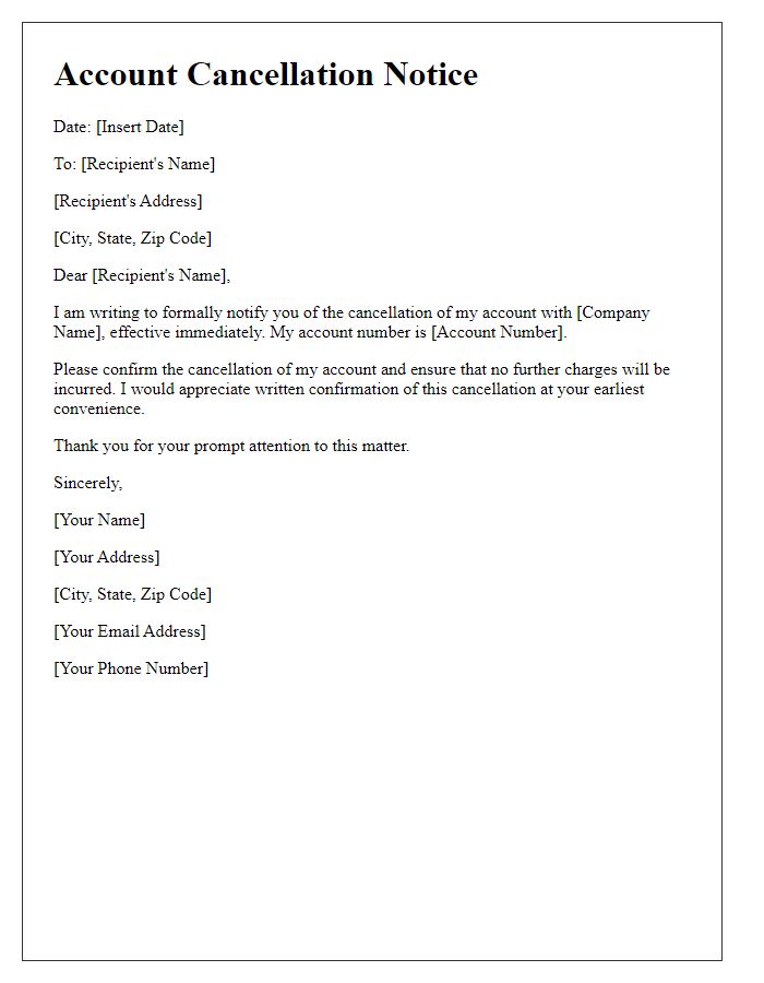 Letter template of account cancellation notice