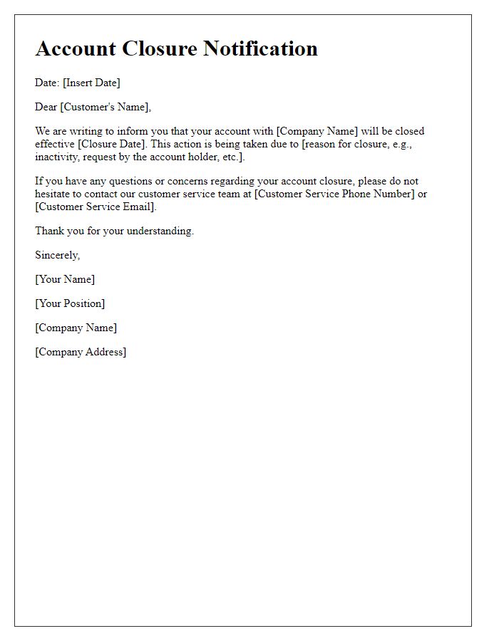 Letter template of notification for account closure