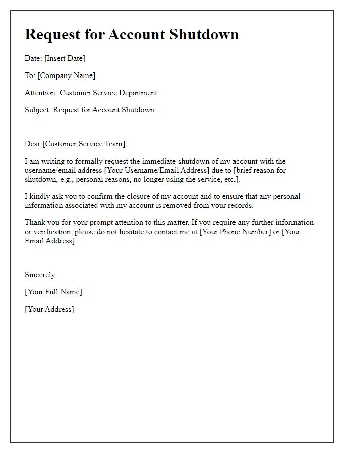 Letter template of request for account shutdown